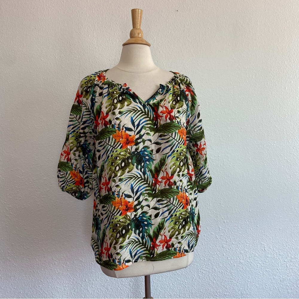 Tropical Floral Linen 3/4 Sleeve Blouse